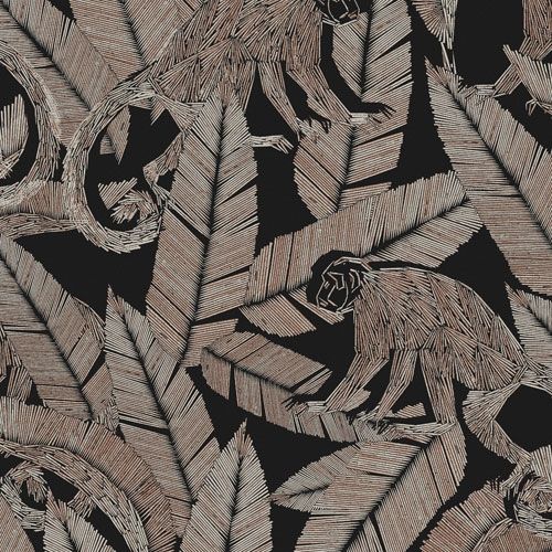 Monkey Night tapet tapet från Midbec med djur, botaniskt mönster i svart. Från kollektionen Tribute. Nonwoven-material med förskjuten passning. Passar i vardagsrum, matsal och hall.