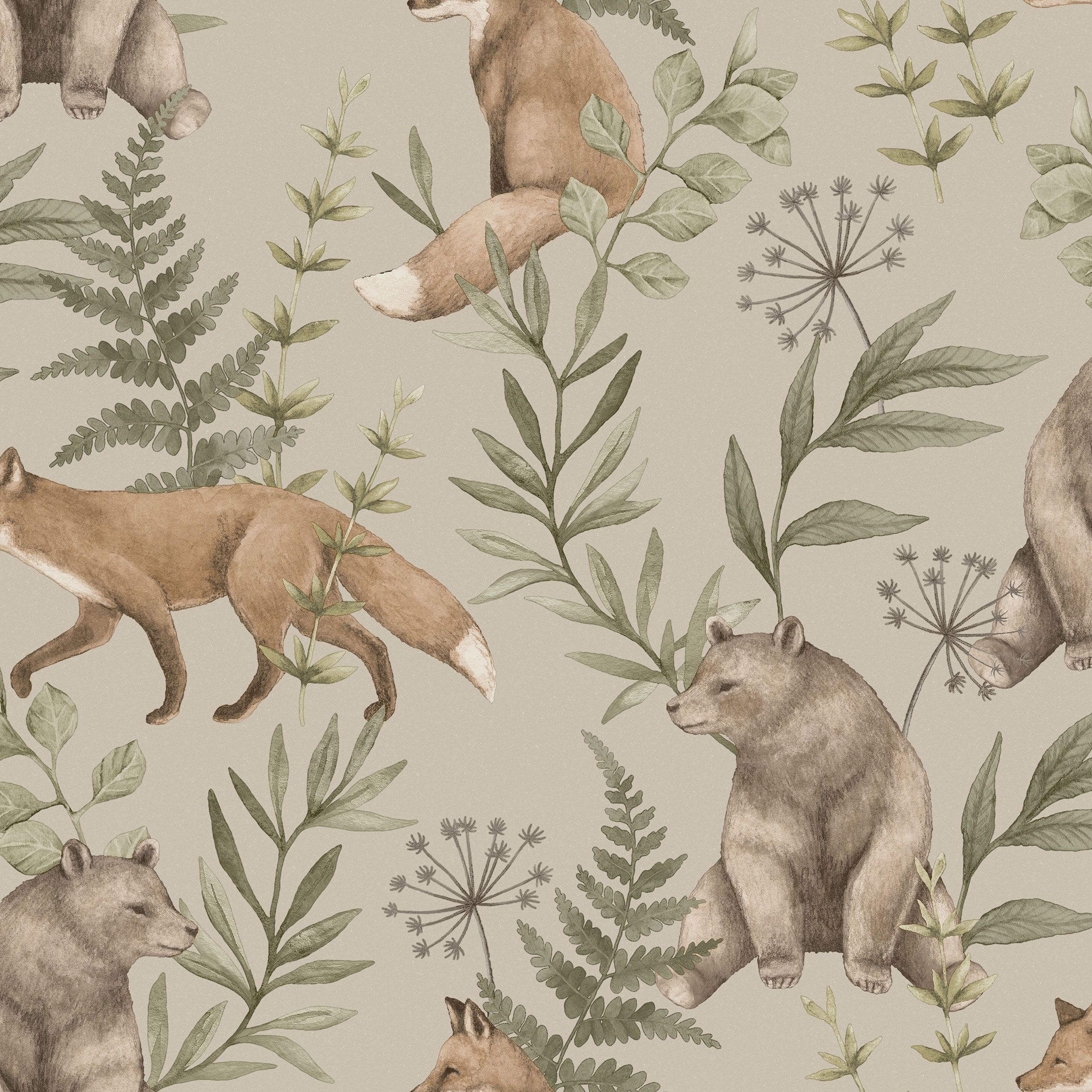 Wild Forest beige, tapet tapet med djur, barnrum, naturochlandskap mönster i beige. Från kollektionen Newbie II Wallpaper. Nonwoven-material med förskjuten passning. Passar i barnrum.