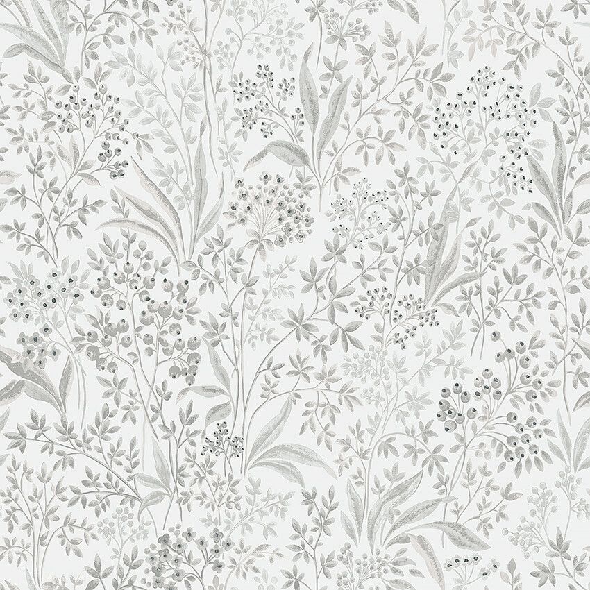 Nocturne slingrande bladverk, ljusgrå tapet med botaniskt mönster i grå. Från kollektionen Vårt Arkiv. Nonwoven-material med rak passning.