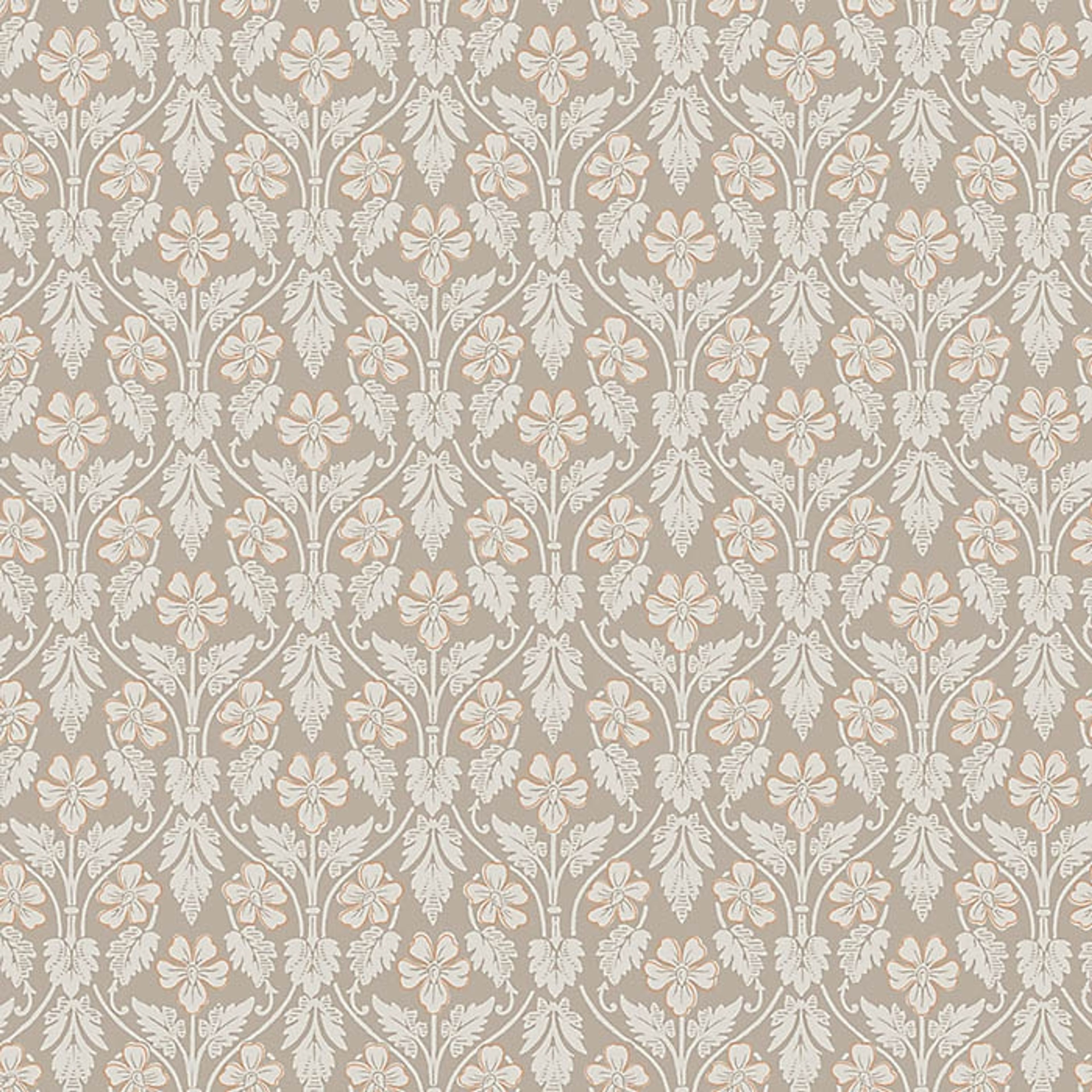 Nora, gråbrun botten tapet från Boråstapeter med blommigt mönster i röd, brun och beige. Från kollektionen anno. Nonwoven-material med förskjuten passning. Passar i sovrum och matsal.