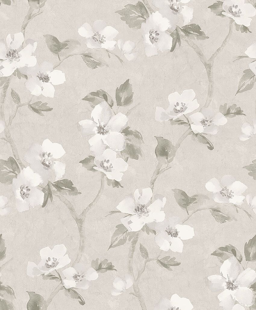 Helen´s Flower varm gråbeige botten tapet med botaniskt mönster i grå. Från kollektionen Cottage Garden. Nonwoven-material med rak passning. Country, city-stil. Passar i vardagsrum, matsal och hall.