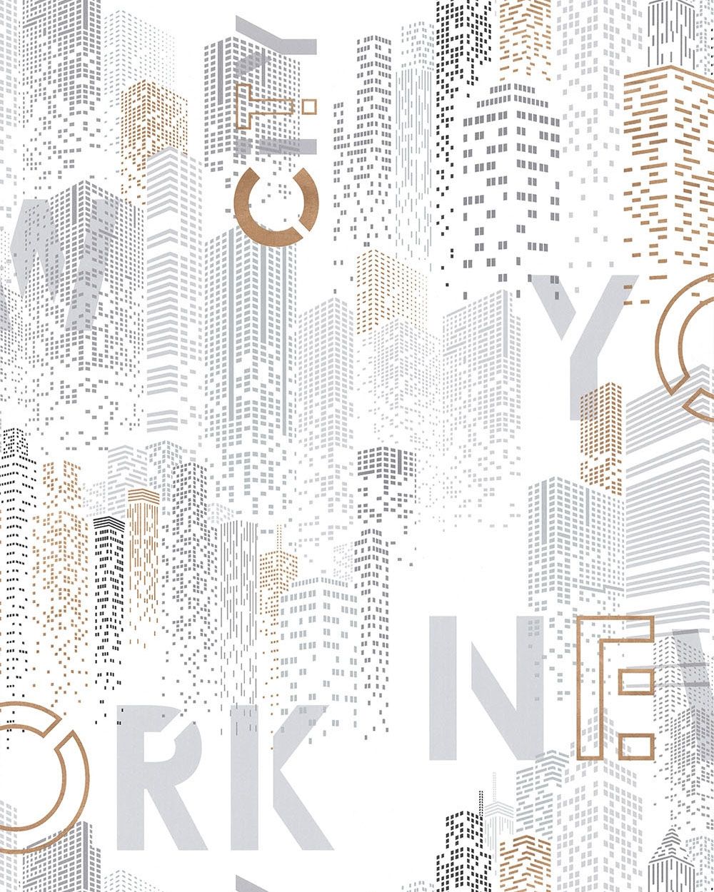 new york city rose tapet med city mönster i grå. Från kollektionen les aventures. Nonwoven-material med förskjuten passning. Passar i vardagsrum och matsal.