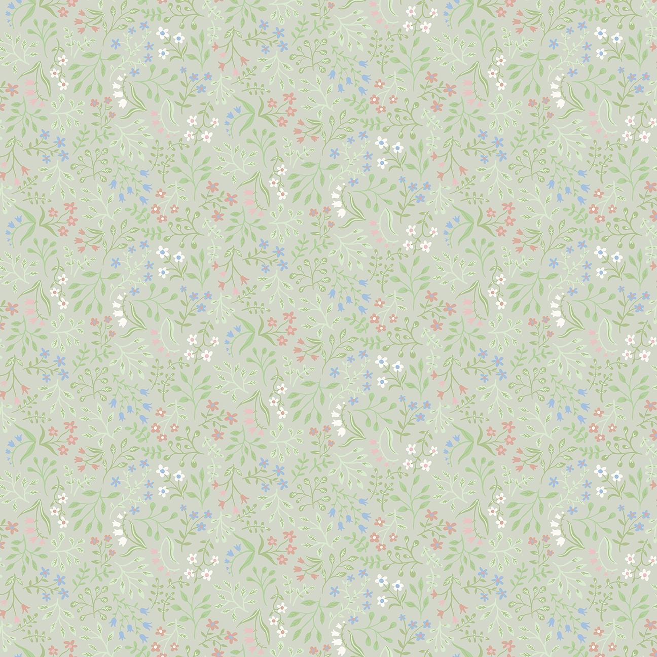 Marie tapet med blommigt mönster i grön. Från kollektionen Ängås. Nonwoven-material med förskjuten passning.