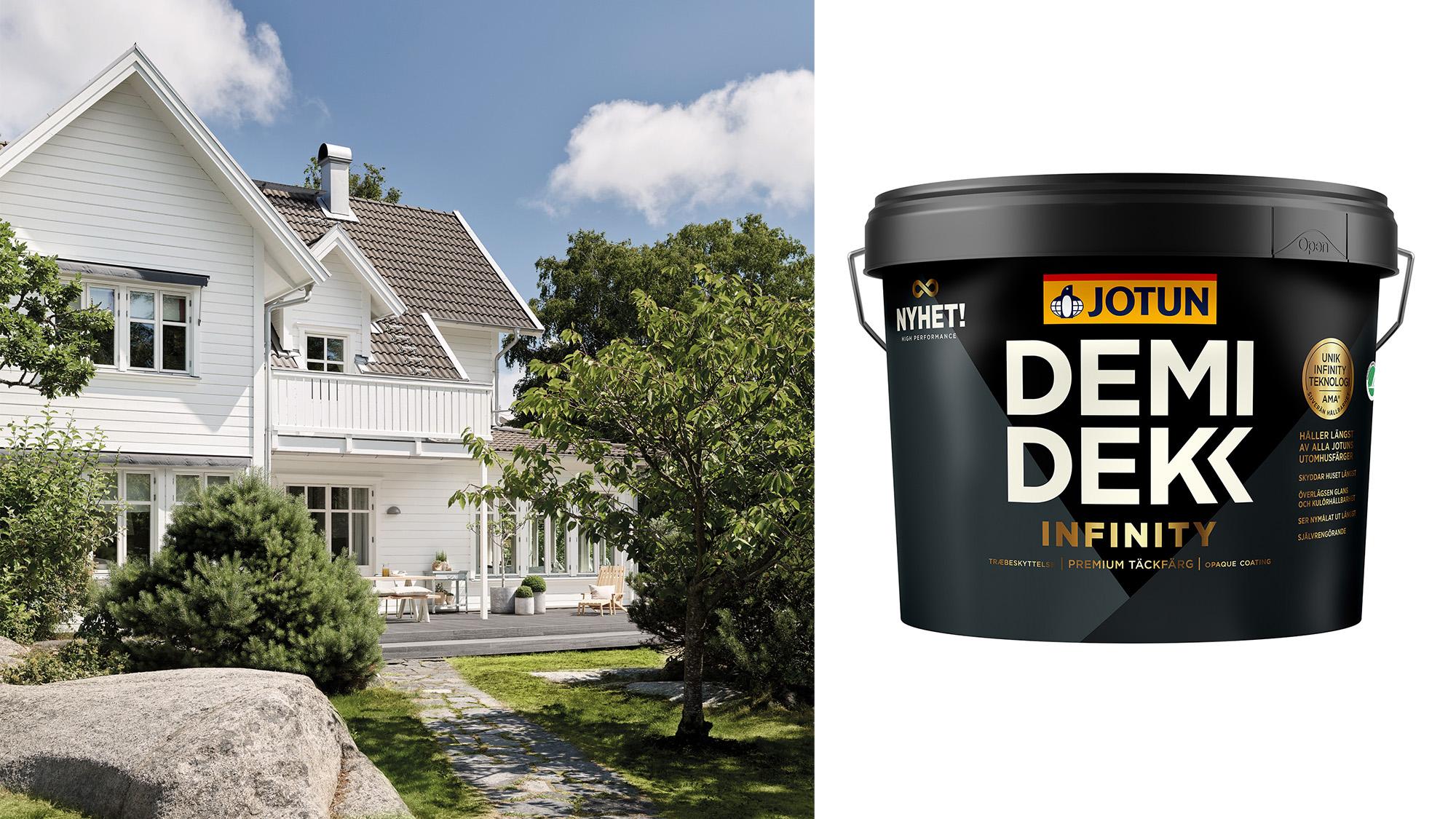 A white house with a garden and a black bucket of Jotun Demidekk Infinity paint.