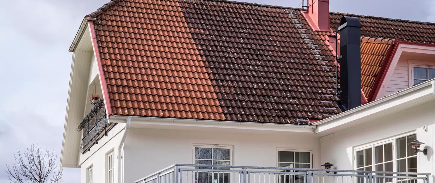 House with a red tile roof, half cleaned and half dirty.