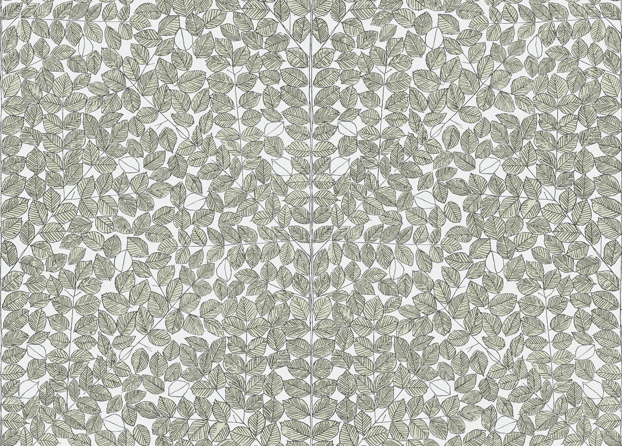 Romans tapet från Boråstapeter med botaniskt, retro mönster i vit, svart och grön. Från kollektionen Scandinavian Designers II. Nonwoven-material med förskjuten passning.