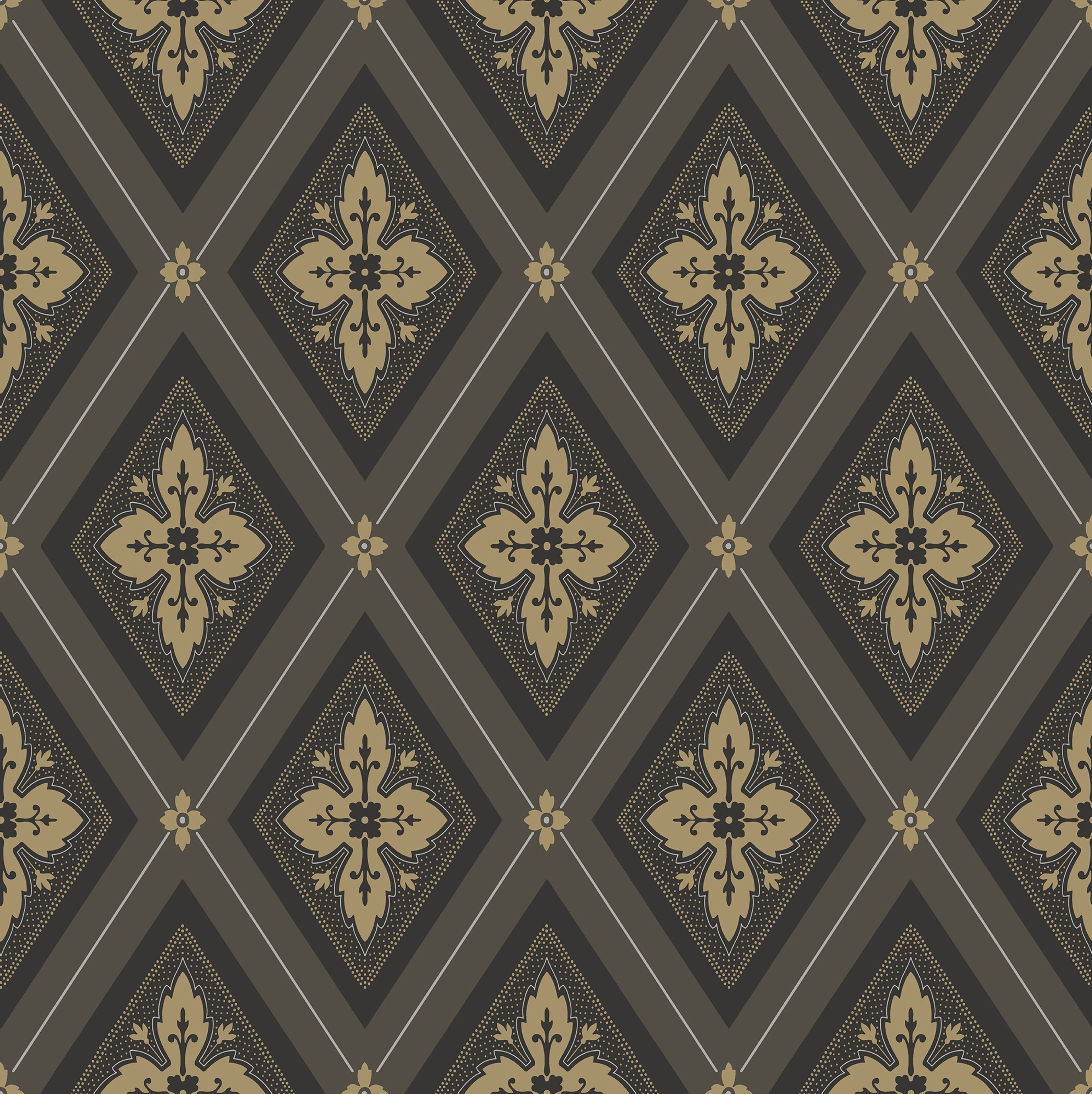 Astrid, Svart/guld tapet från duro med geometriskt mönster i svart. Från kollektionen Gammalsvenska QuickUp. Nonwoven-material med rak passning.