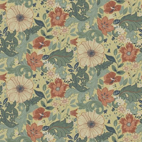 Victor tapet med blommigt mönster i gul och grön. Från kollektionen Ängås. Nonwoven-material med rak passning. Country-stil.
