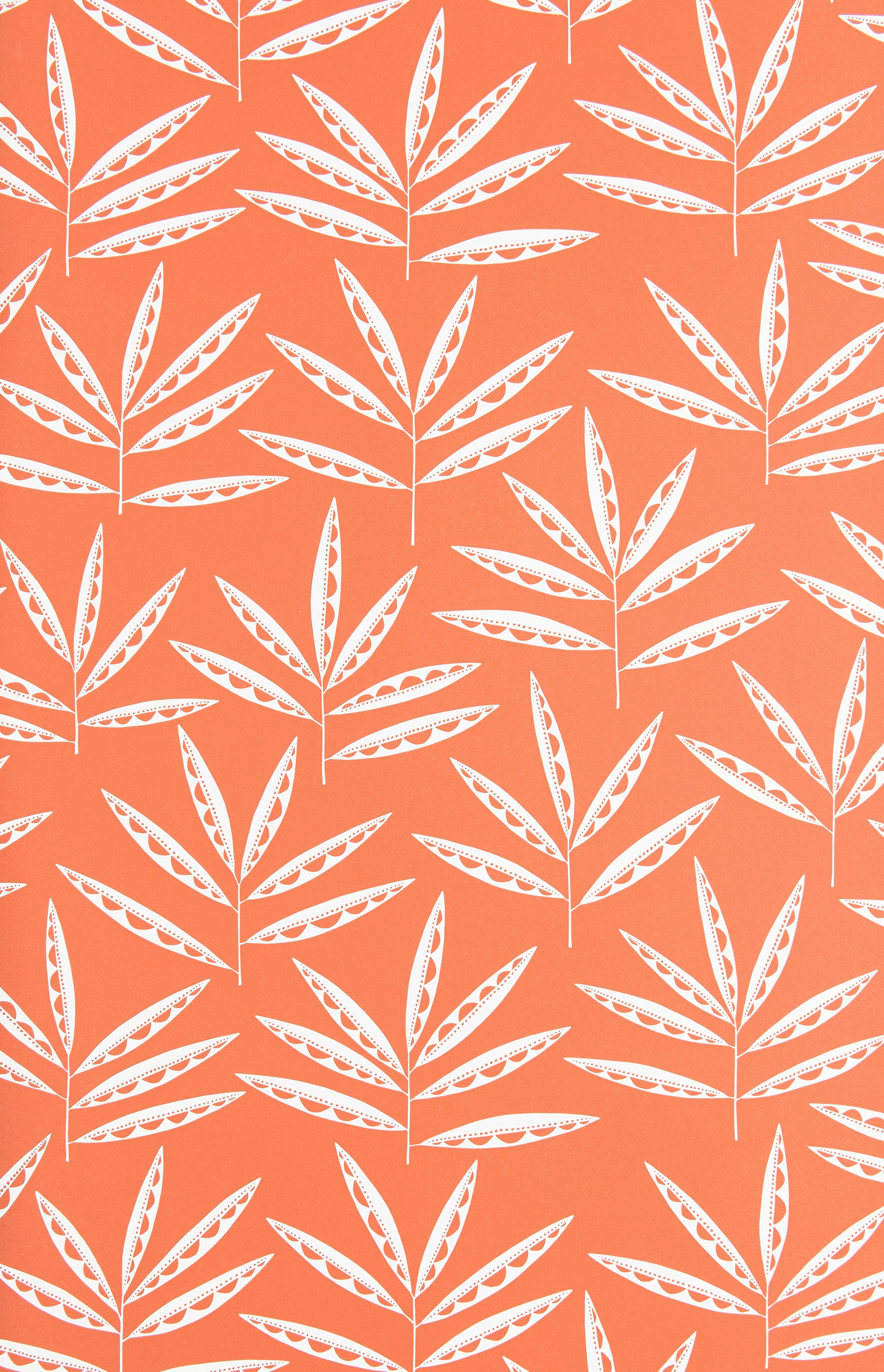 Pea Pods tapet från Midbec med botaniskt, retro mönster i orange. Från kollektionen Seven Sisters. Nonwoven-material med förskjuten passning.