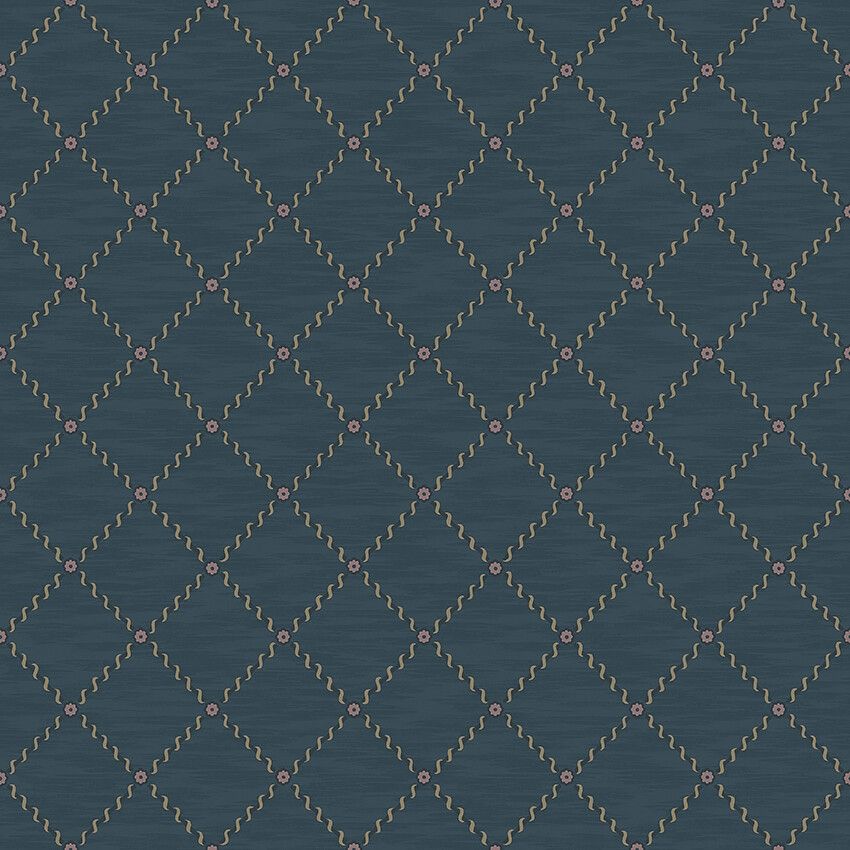 Golden Trellis blå rutmönster med guldskimmer tapet med rutigt, trellis mönster i blå. Från kollektionen Treasured. Nonwoven-material med rak passning. Passar i kök, hall och arbetsrum.