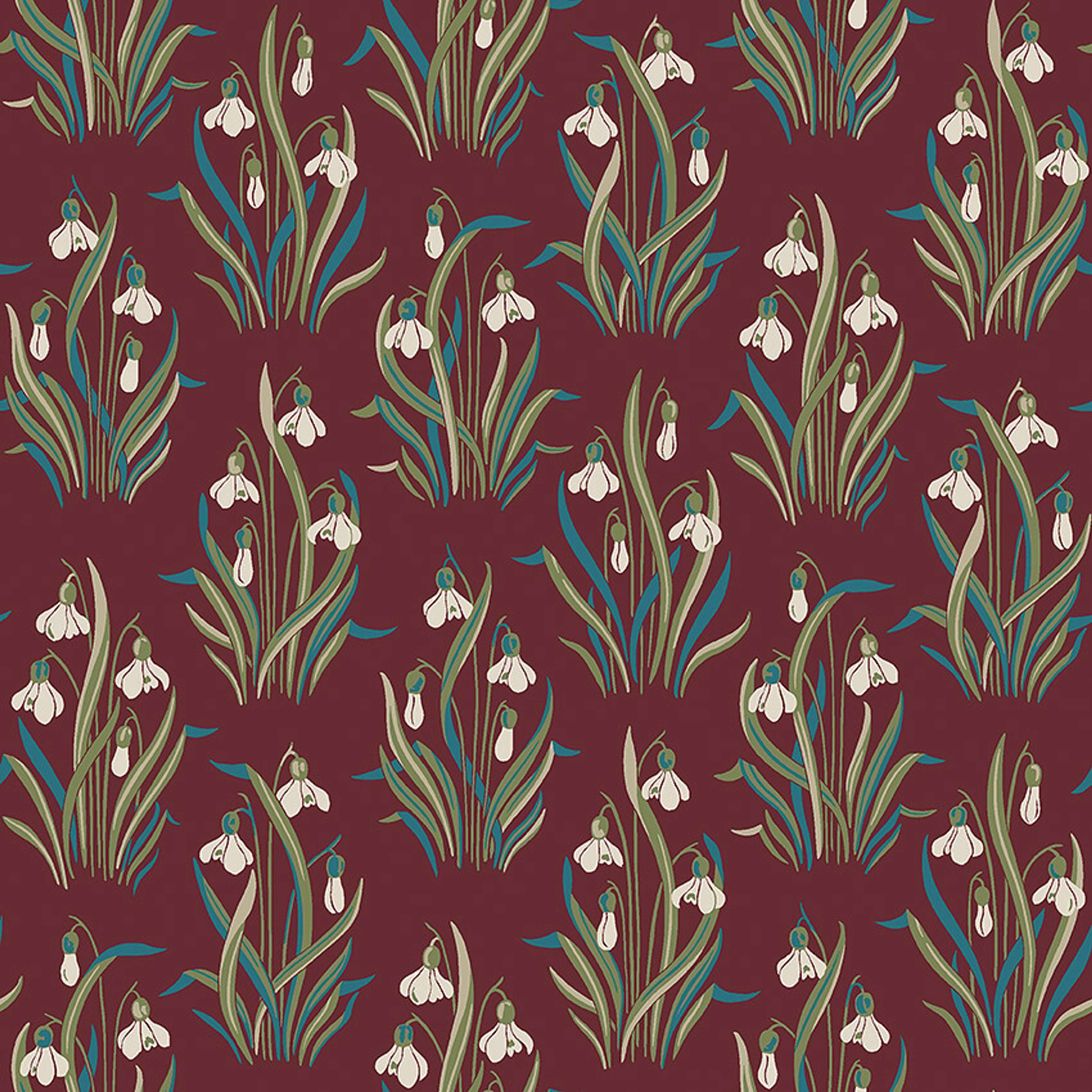 Snödroppe tapet med botaniskt, blommigt mönster i röd. Från kollektionen New Heritage. Nonwoven-material med rak passning.