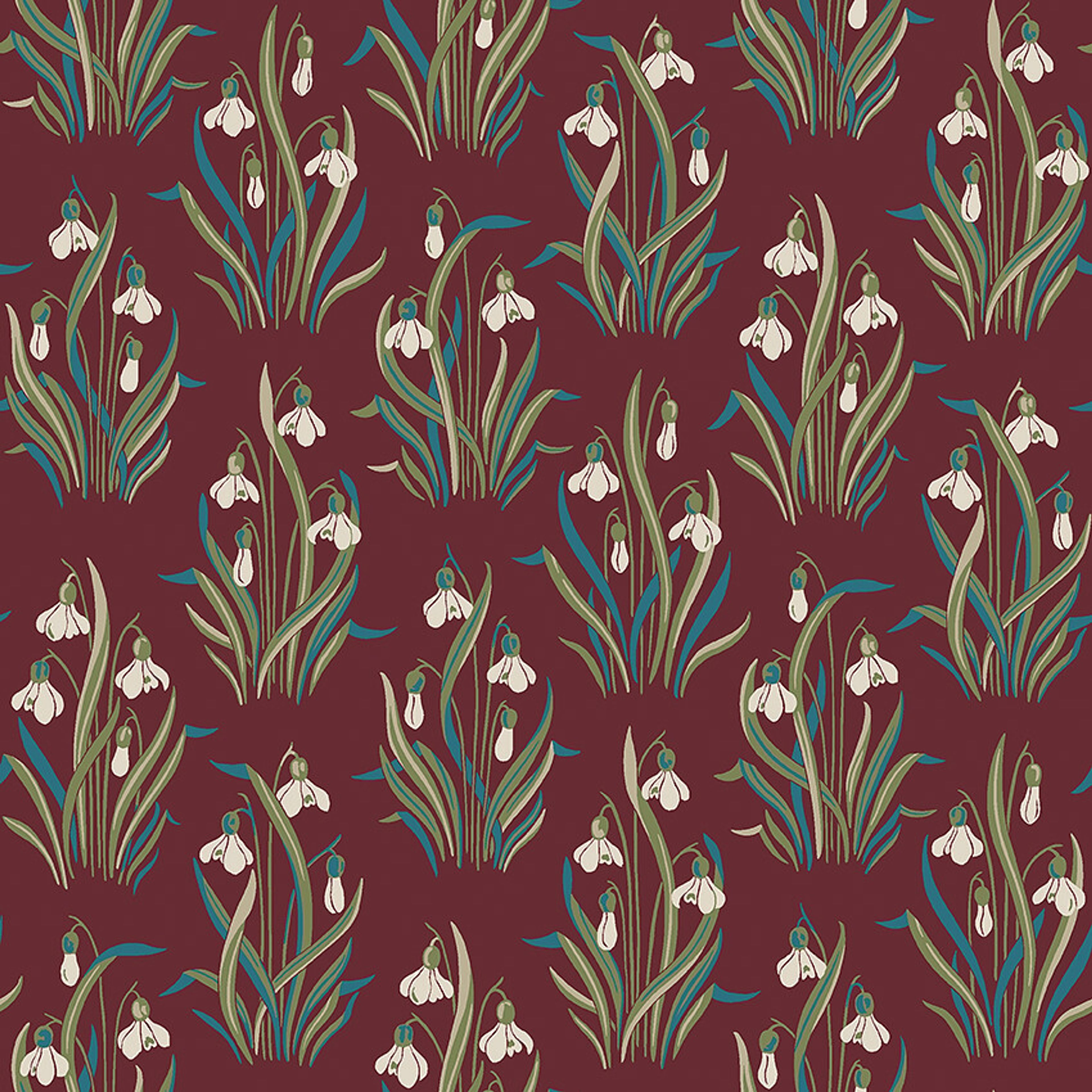 Snödroppe tapet med botaniskt, blommigt mönster i röd. Från kollektionen New Heritage. Nonwoven-material med rak passning.