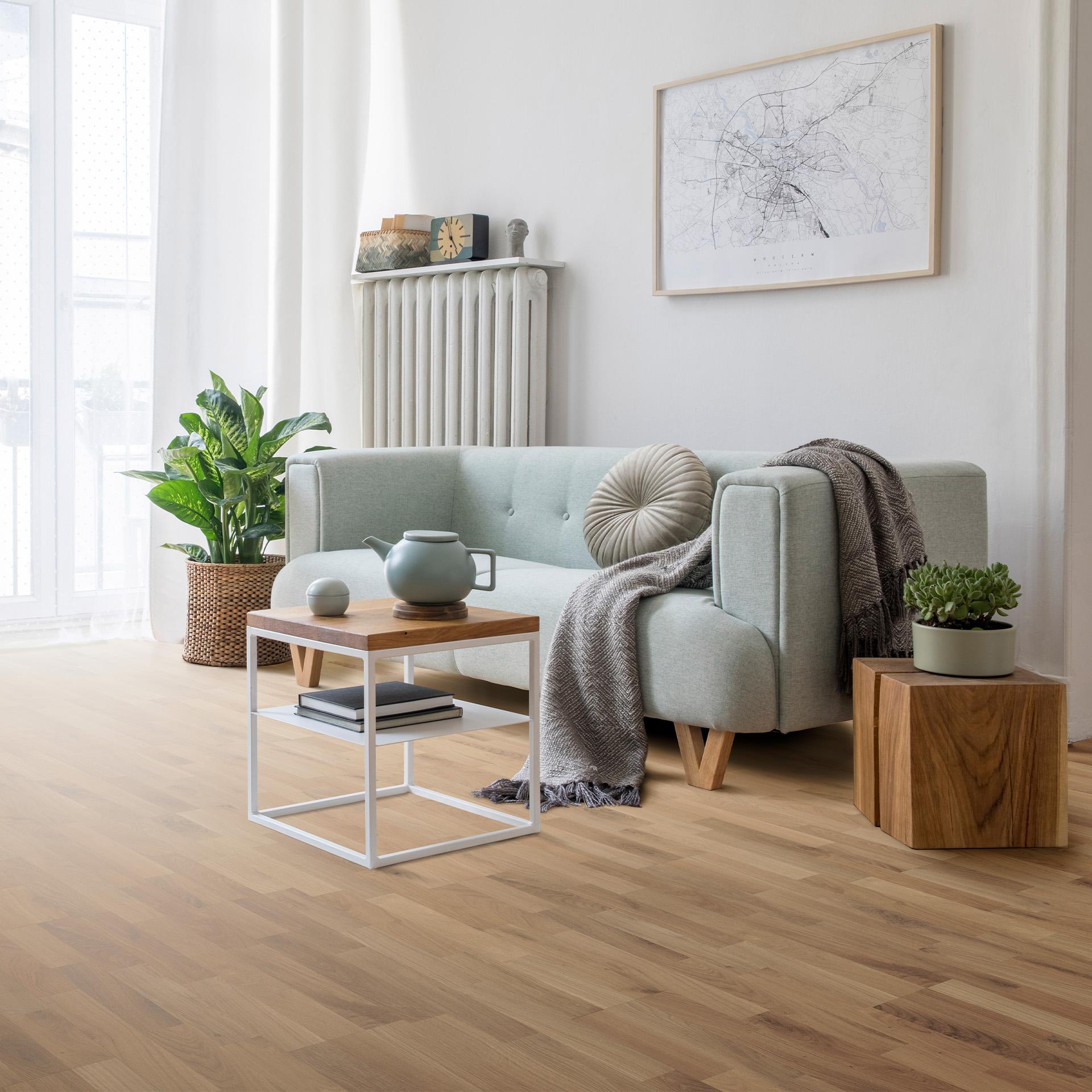A bright, modern living room featuring a light green sofa, grey throw blanket, and a plant, all on a light wood floor with a framed map on the wall.