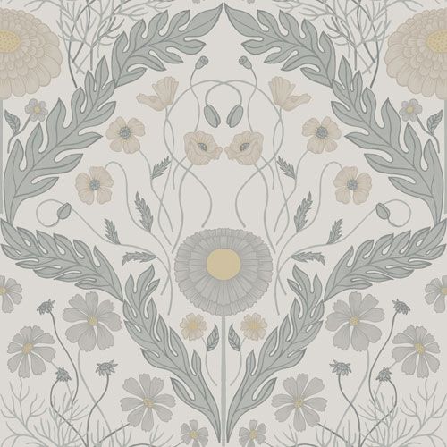 Marguerite storblommig, ljusgrå tapet från Midbec med blommigt mönster i grå. Från kollektionen Blomstermåla. Nonwoven-material med rak passning.
