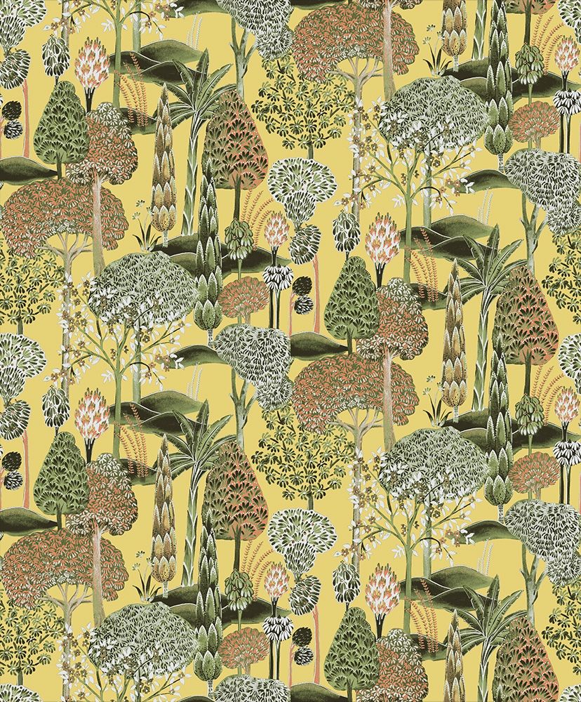 Viray Oasis tapet med botaniskt mönster i gul. Från kollektionen Summer. Nonwoven-material med rak passning.