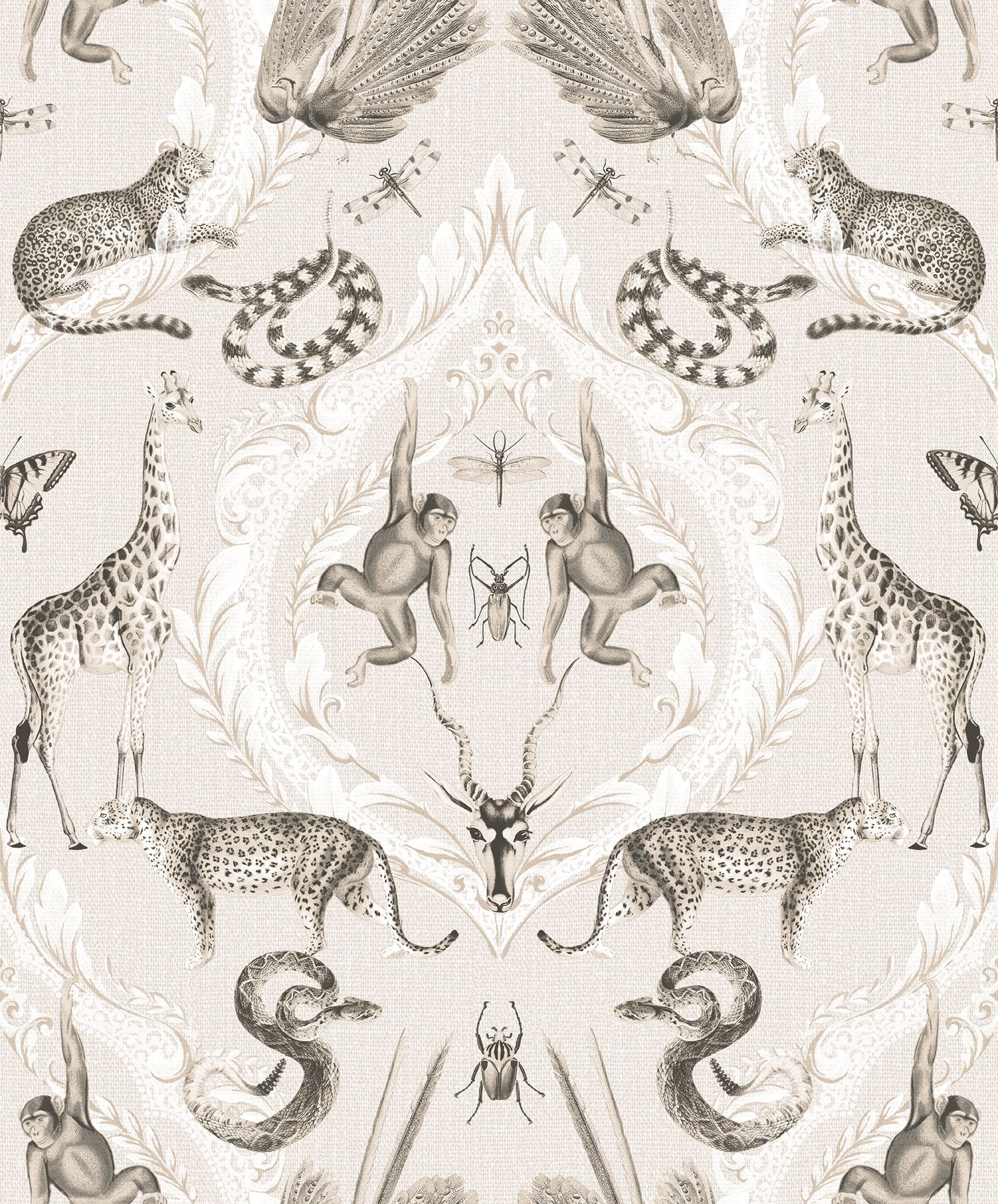 Menagerie tapet i beige tapet med djur mönster i beige. Från kollektionen bazaar. Nonwoven-material med rak passning. Passar i vardagsrum och matsal.