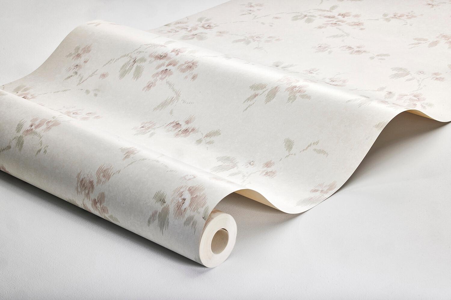 Vintage Rose tapet tapet med blommigt mönster i vit. Från kollektionen Dreamy Escape. Nonwoven-material med förskjuten passning. Passar i vardagsrum och matsal.