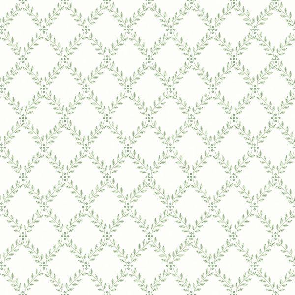 Trellis Leaves, vit/grön tapet från Boråstapeter med rutigt, geometriskt, trellis mönster i grön. Från kollektionen Falsterbo III. Nonwoven-material med rak passning.