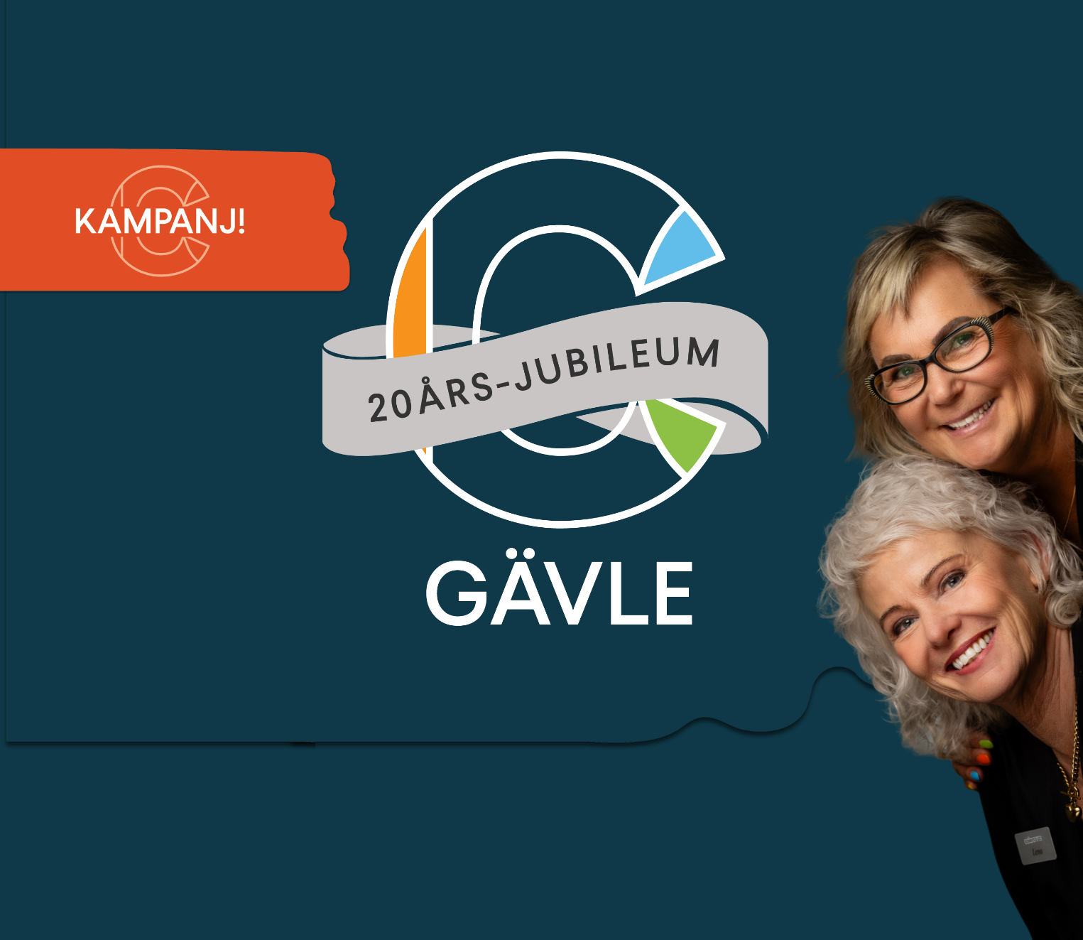 Two smiling women next to a logo for "20 ÅRS-JUBILEUM GÄVLE" and an orange "KAMPANJ!" tag.