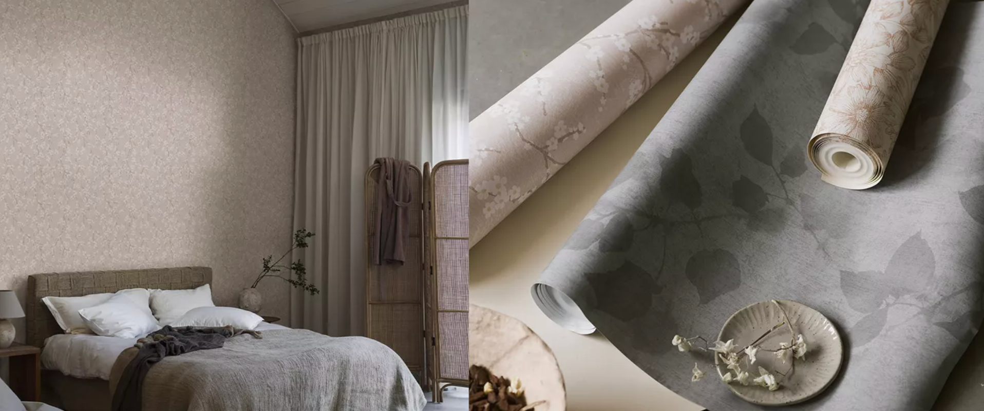 A split image showing a bedroom with subtle leaf-patterned beige wallpaper on the left, and rolls of matching beige and gray leaf-patterned wallpaper on the right.