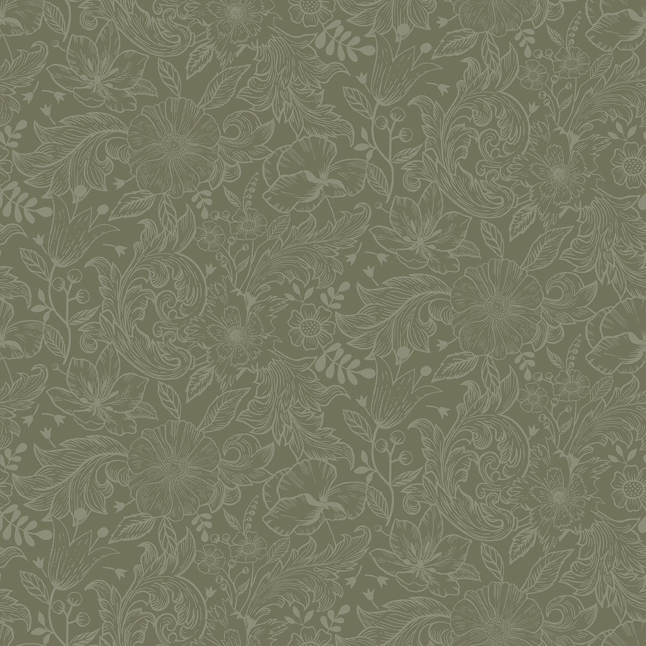 Wilma tapet med blommigt mönster i grön. Från kollektionen Ängås. Nonwoven-material med rak passning.
