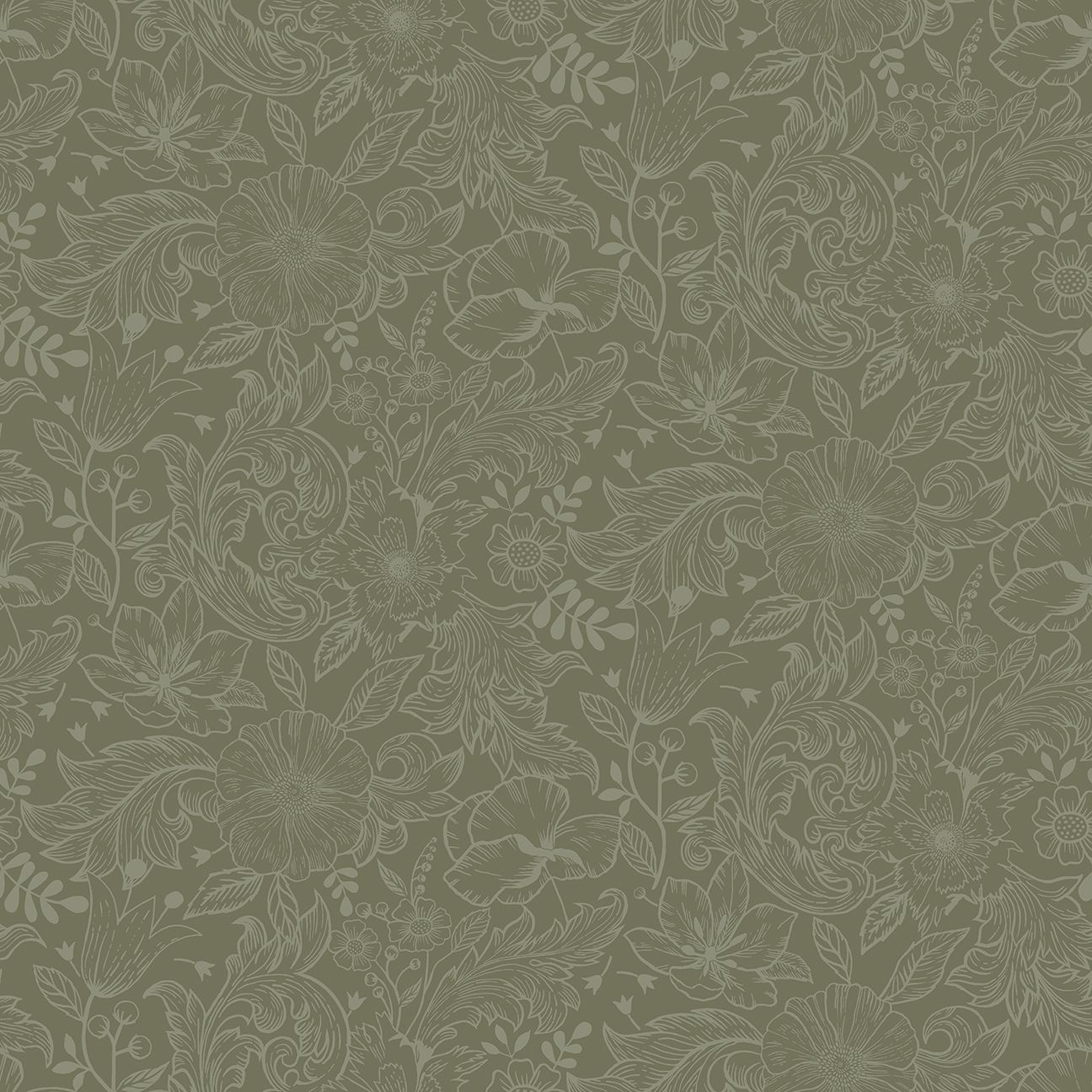 Wilma tapet med blommigt mönster i grön. Från kollektionen Ängås. Nonwoven-material med rak passning.