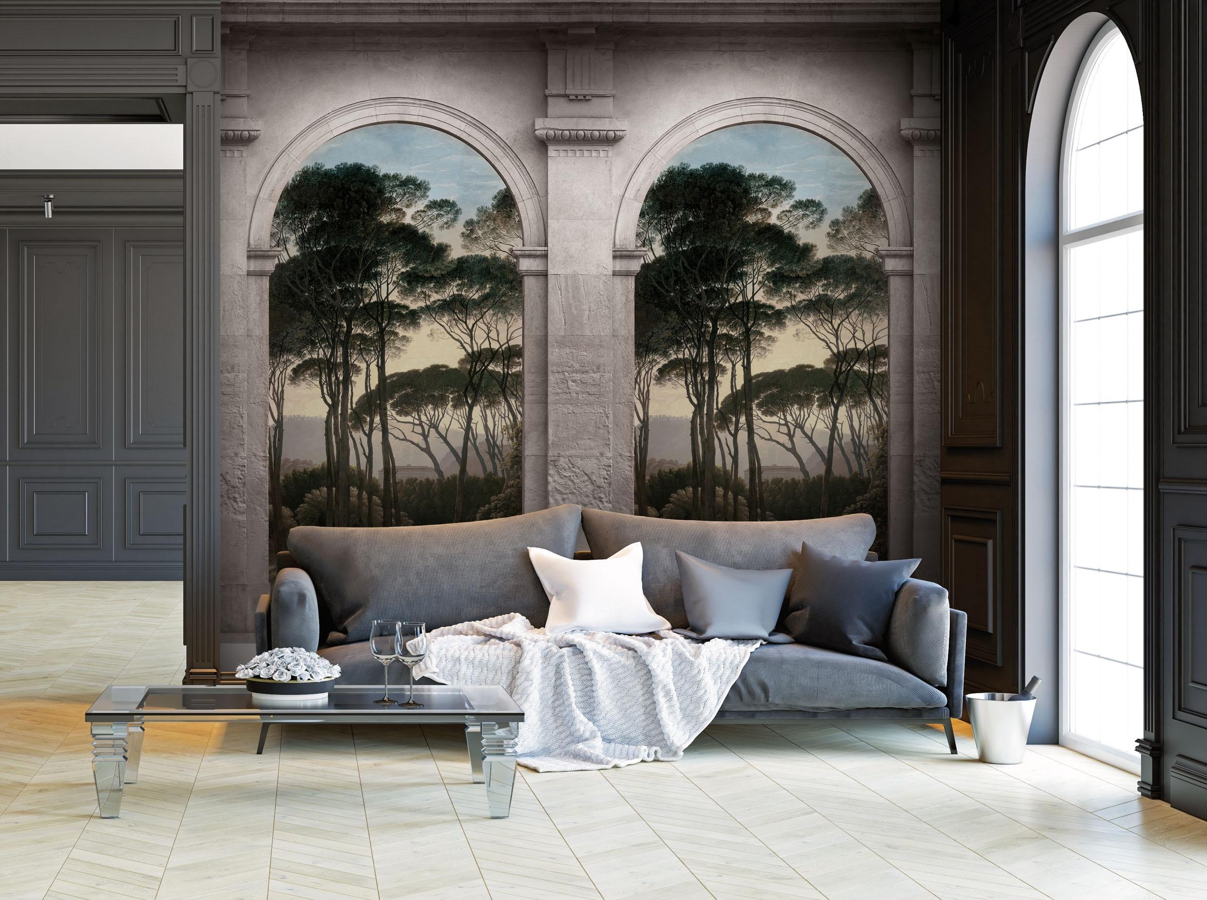 Eyecatcher tapet med illustration, grafiskt mönster i grå och grön. Från kollektionen The Wall. Nonwoven-material. Passar i vardagsrum och matsal.