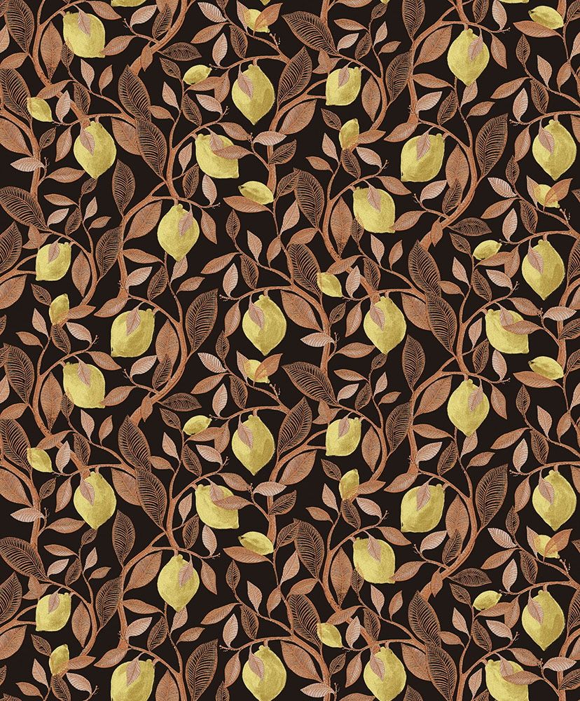 Limone, koppar tapet tapet med stormönstrat mönster i svart. Från kollektionen Aquila. Nonwoven-material med rak passning.