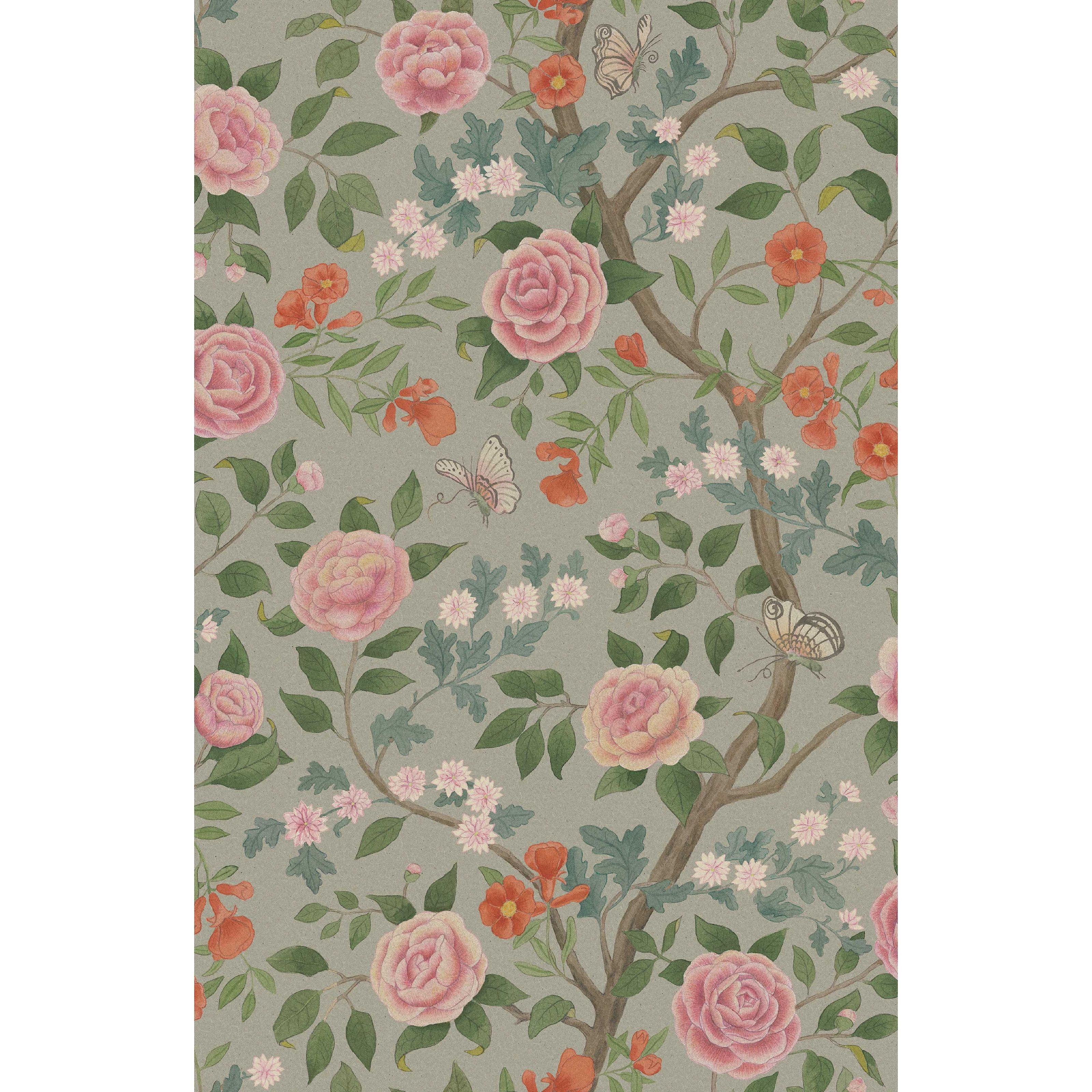 Kamelia grön, tapet tapet med botaniskt, blommigt mönster i grön. Från kollektionen Orangeri. Nonwoven-material med förskjuten passning. Passar i vardagsrum.