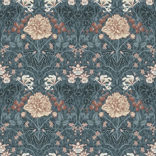 Sarah storblommig, blå tapet från Midbec med blommigt mönster i blå. Från kollektionen Lyckebo. Nonwoven-material med rak passning.