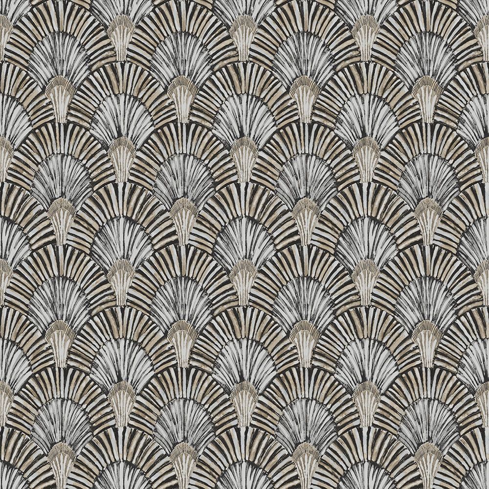 Deco Fan tapet i grå tapet med retro mönster i grå. Från kollektionen jungle fever. Nonwoven-material med förskjuten passning. Passar i vardagsrum och matsal.