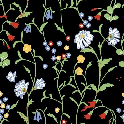 Midsommar, Svart tapet från duro med blommigt mönster i svart. Från kollektionen Spira. Nonwoven-material med rak passning.