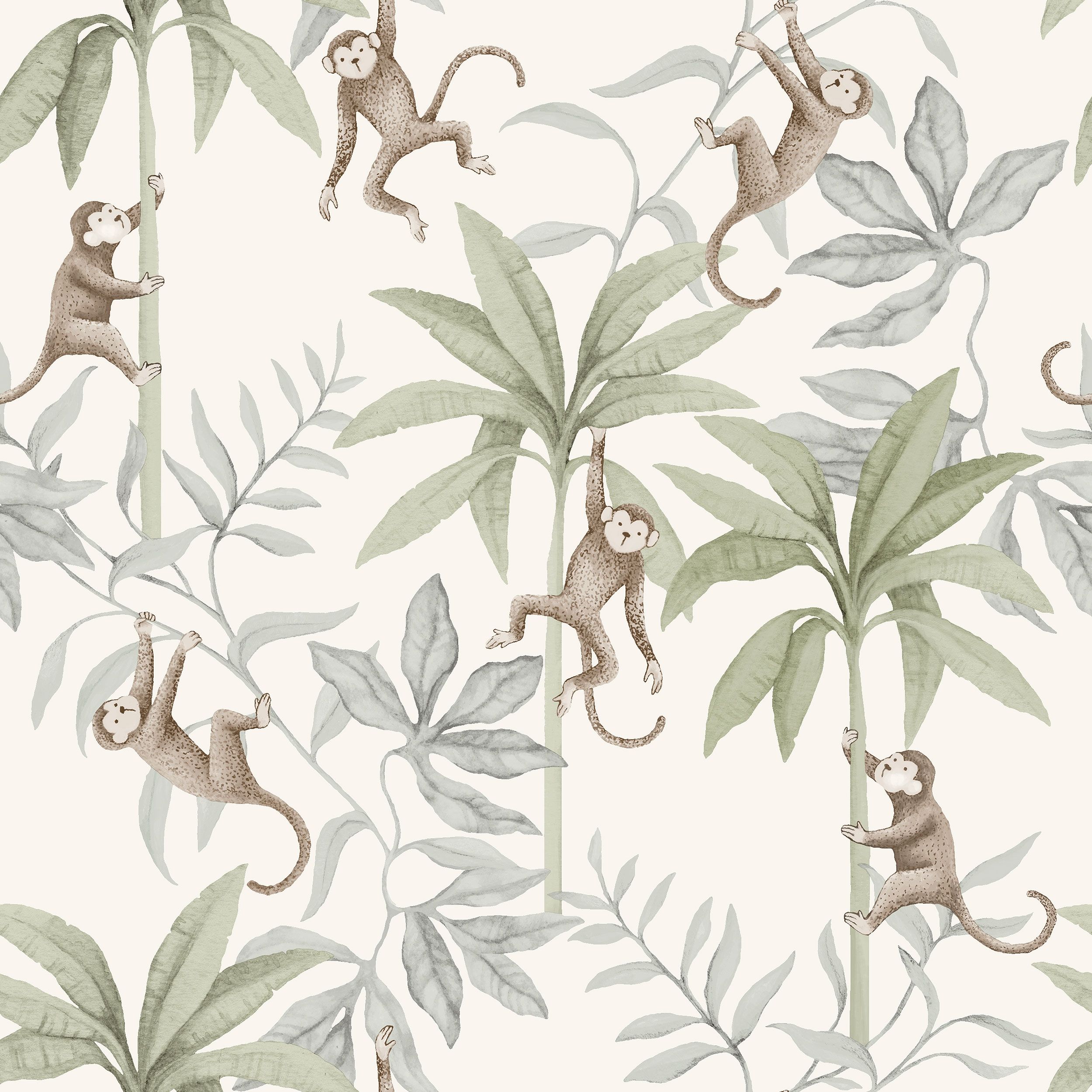 Jungle Friends vit, tapet tapet med djur, barnrum, naturochlandskap mönster i vit. Från kollektionen Newbie II Wallpaper. Nonwoven-material med rak passning. Passar i sovrum och barnrum.