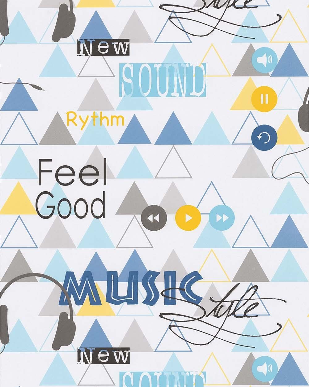 music bleu et jaune tapet med text mönster i blå. Från kollektionen les aventures. Papper-material med förskjuten passning. Passar i vardagsrum och matsal.