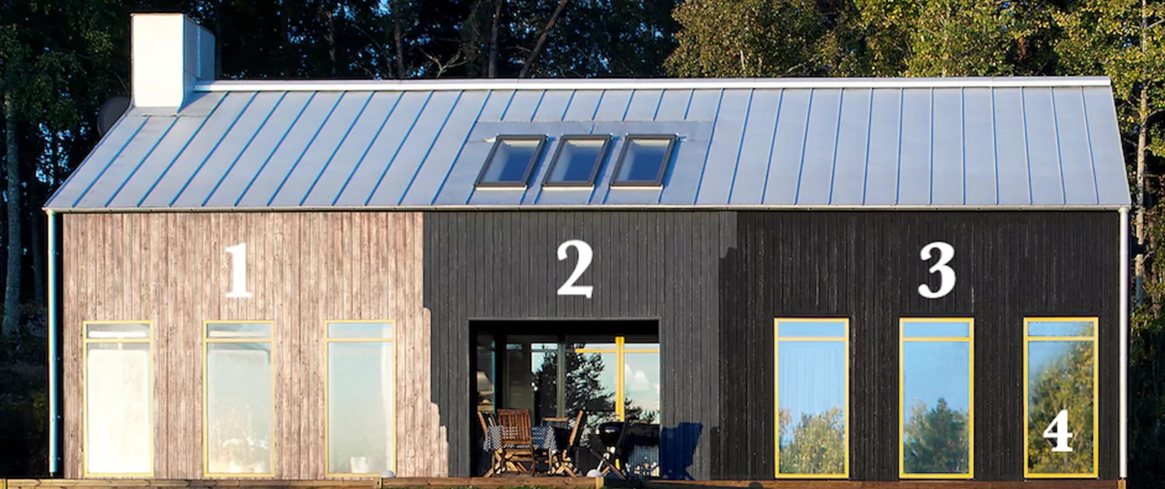 Modern house with a metal roof and wood siding transitioning from light to dark, marked with large white numbers 1 through 4.