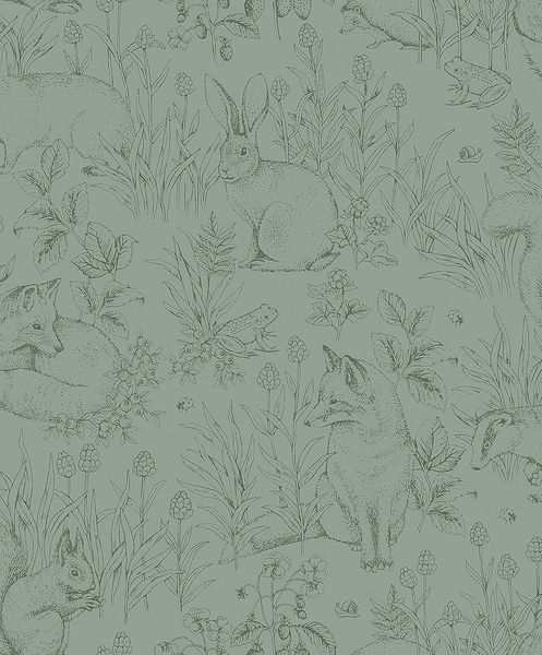 Forest Friends grön, tapet tapet från Boråstapeter med djur, barnrum mönster i grön. Från kollektionen Newbie II Wallpaper. Nonwoven-material med förskjuten passning. Lek, country-stil. Passar i barnrum.