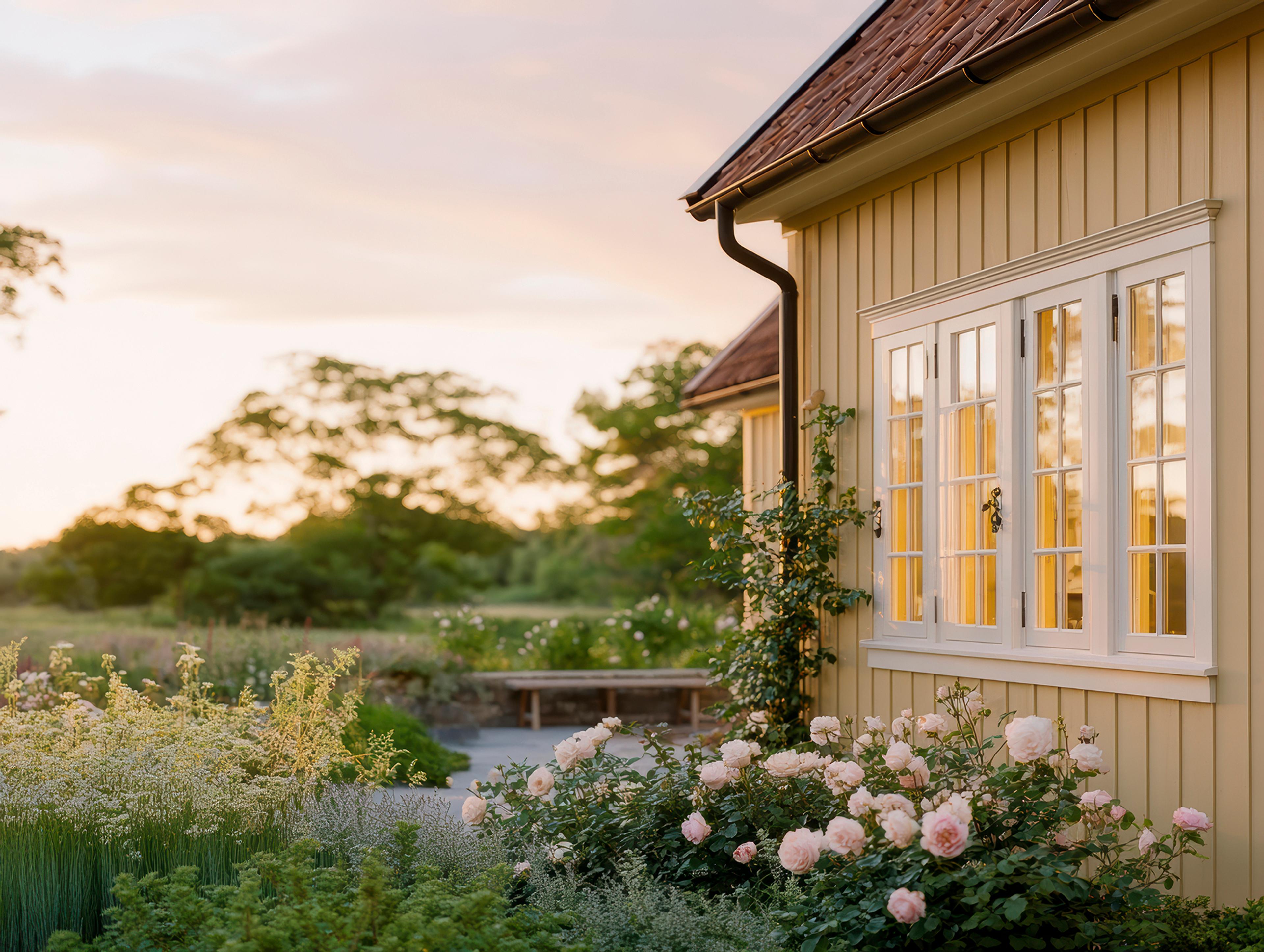 Room with green palm tree and striped wallpaper, a window, a bed, and a spherical floor lamp.