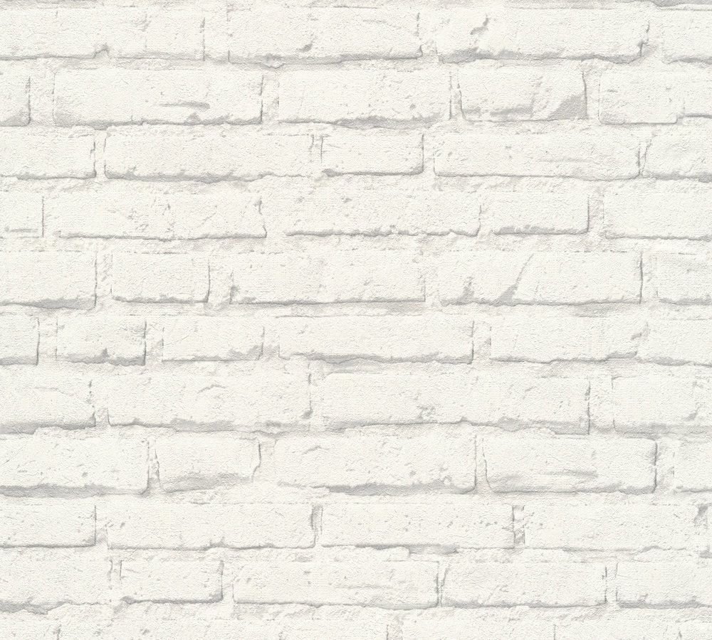 white stone, strukturtapet i vit tapet med tegelsten mönster i vit. Från kollektionen best of wood n stone 2. Nonwoven-material med förskjuten passning. Passar i vardagsrum och matsal.