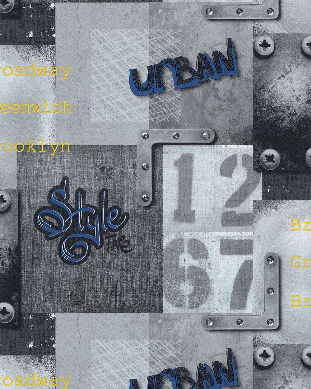 urban style bleu tapet med text mönster i grå. Från kollektionen les aventures. Nonwoven-material med förskjuten passning. Passar i vardagsrum och matsal.