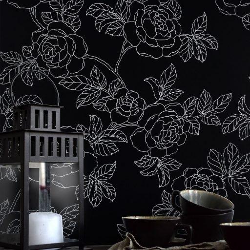 Inez, Vit/Svart tapet från duro med blommigt mönster i vit. Från kollektionen Natur. Nonwoven-material med förskjuten passning.