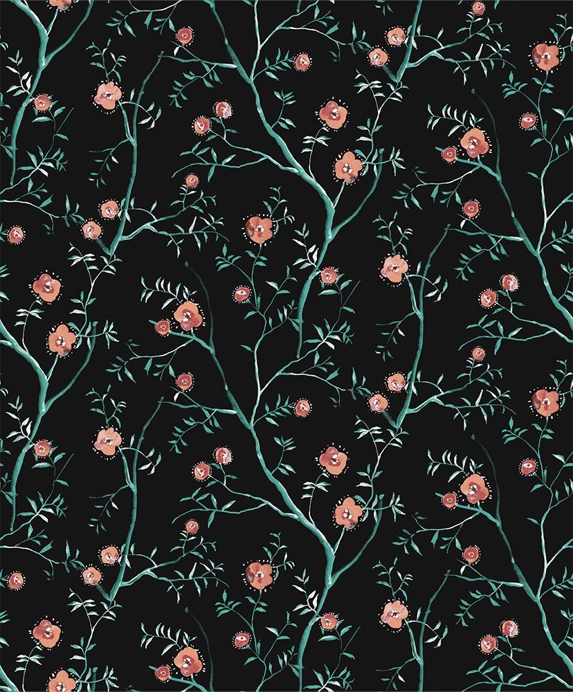 Sari Teal tapet med blommigt mönster i svart. Från kollektionen Summer. Nonwoven-material med rak passning.