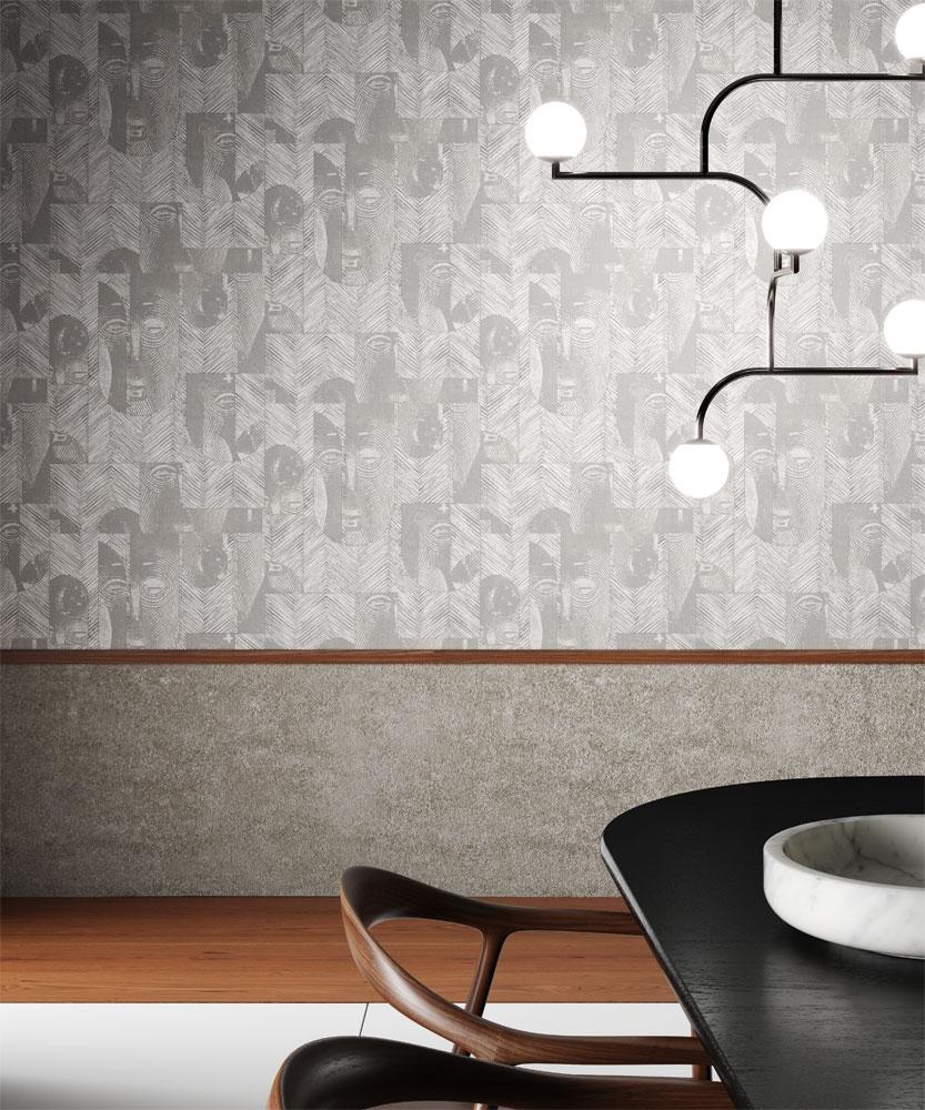 Mask Rock tapet tapet från Midbec med grafiskt mönster i grå. Från kollektionen Tribute. Nonwoven-material med förskjuten passning. Passar i vardagsrum, matsal och hall.