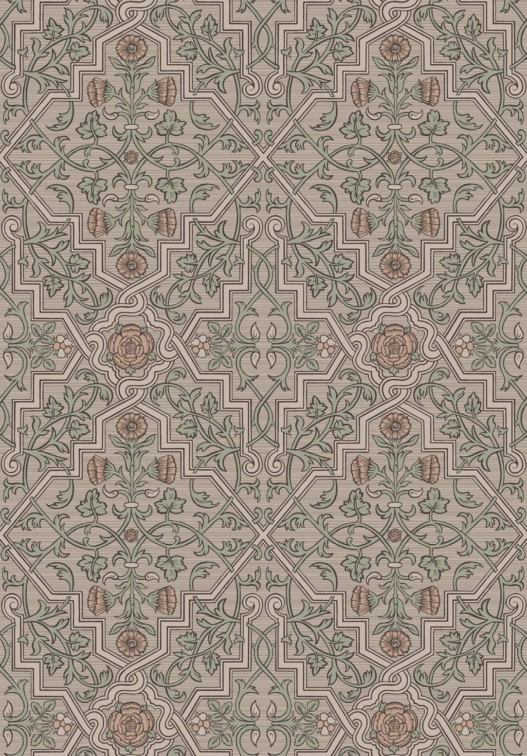 Rosenvinge, beige/grön tapet från Boråstapeter med medaljonger mönster i grön, brun och beige. Från kollektionen anno. Nonwoven-material med rak passning. Vintage-stil. Passar i sovrum och matsal.