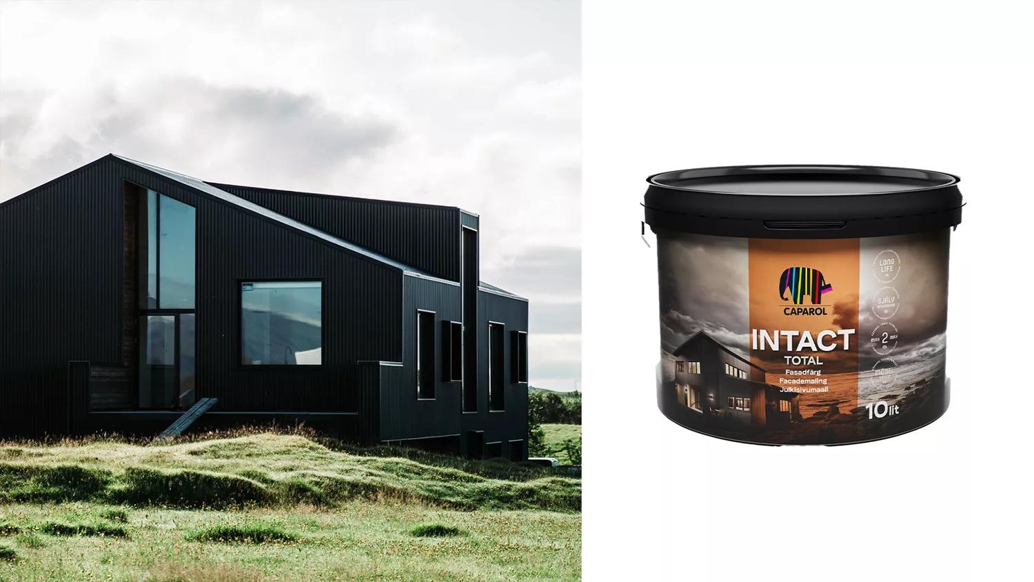 A modern black house in a grassy field next to a bucket of Caparol Intact Total paint.