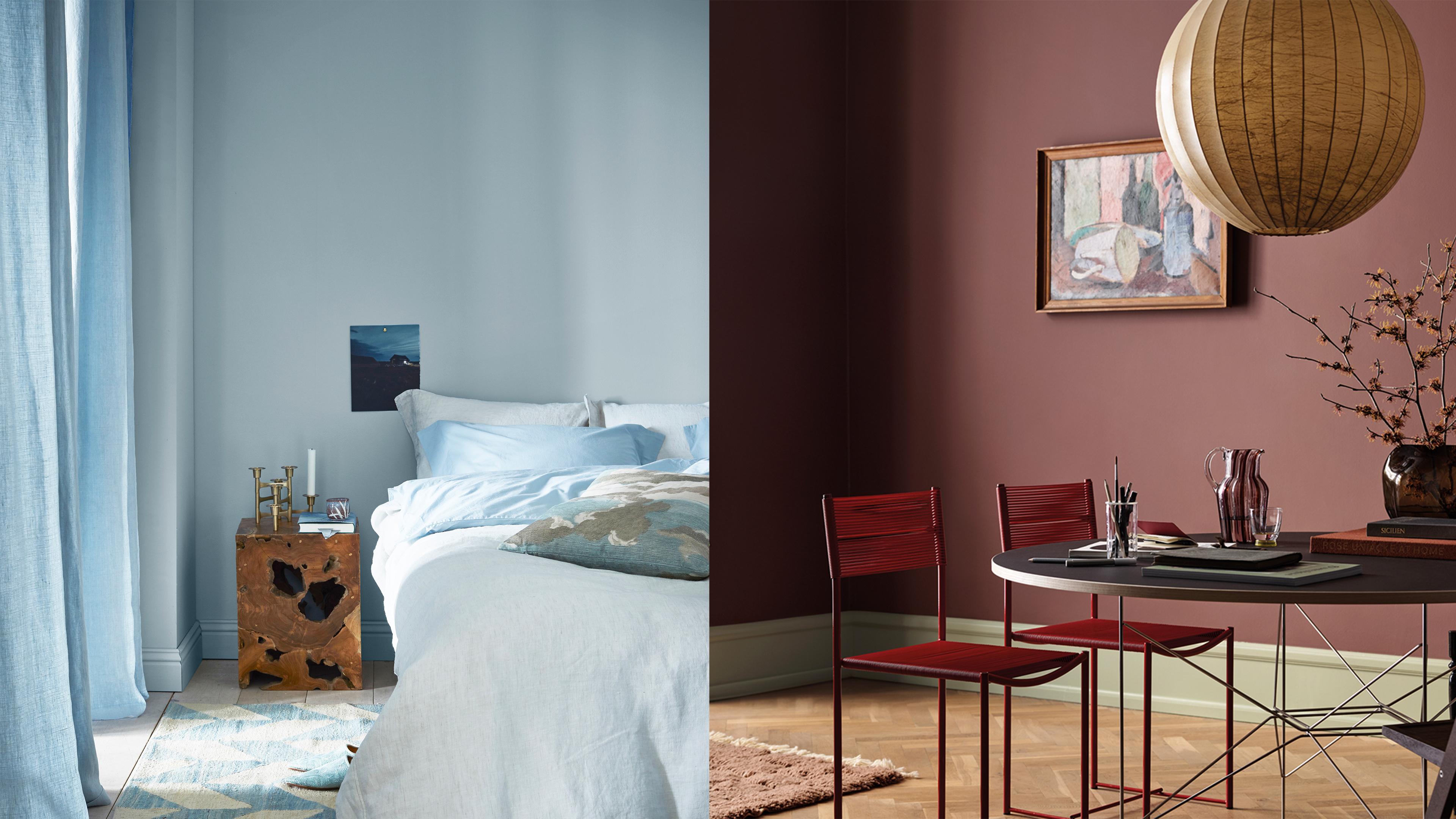 A split image showing a teal and white living room on the left, and a rustic wood wall with swim attire and a light blue room divider on the right.