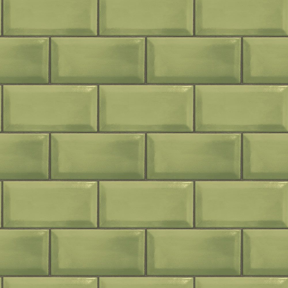 Metro Tile tapet i grå och grön. Från kollektionen Just Kitchens. Nonwoven-material med rak passning.