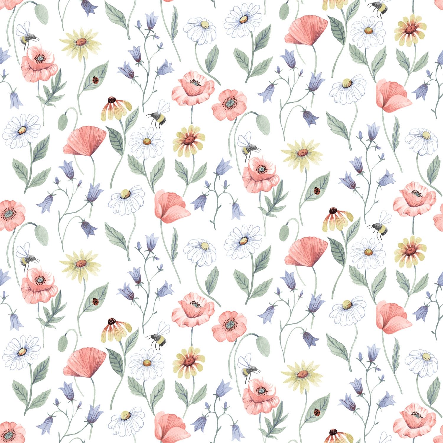 Blåklocka tapet med blommigt mönster i vit. Från kollektionen Rosenlycka. Nonwoven-material med rak passning. Passar i vardagsrum, sovrum och matsal.