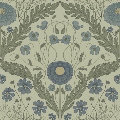 Marguerite storblommig, ljusgrön tapet från Midbec med blommigt mönster i grön. Från kollektionen Blomstermåla. Nonwoven-material med rak passning.