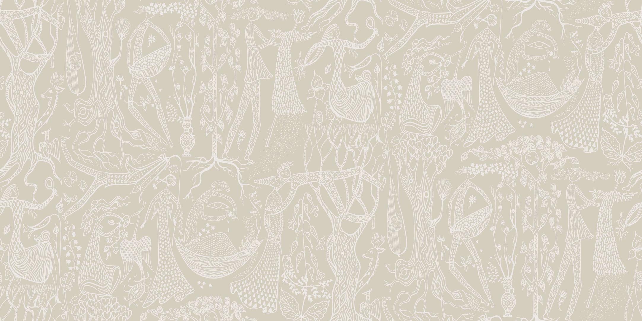 Poème d´amour, beige tapet från Boråstapeter med grafiskt, retro mönster i vit och beige. Från kollektionen Scandinavian Designers II. Nonwoven-material med förskjuten passning.