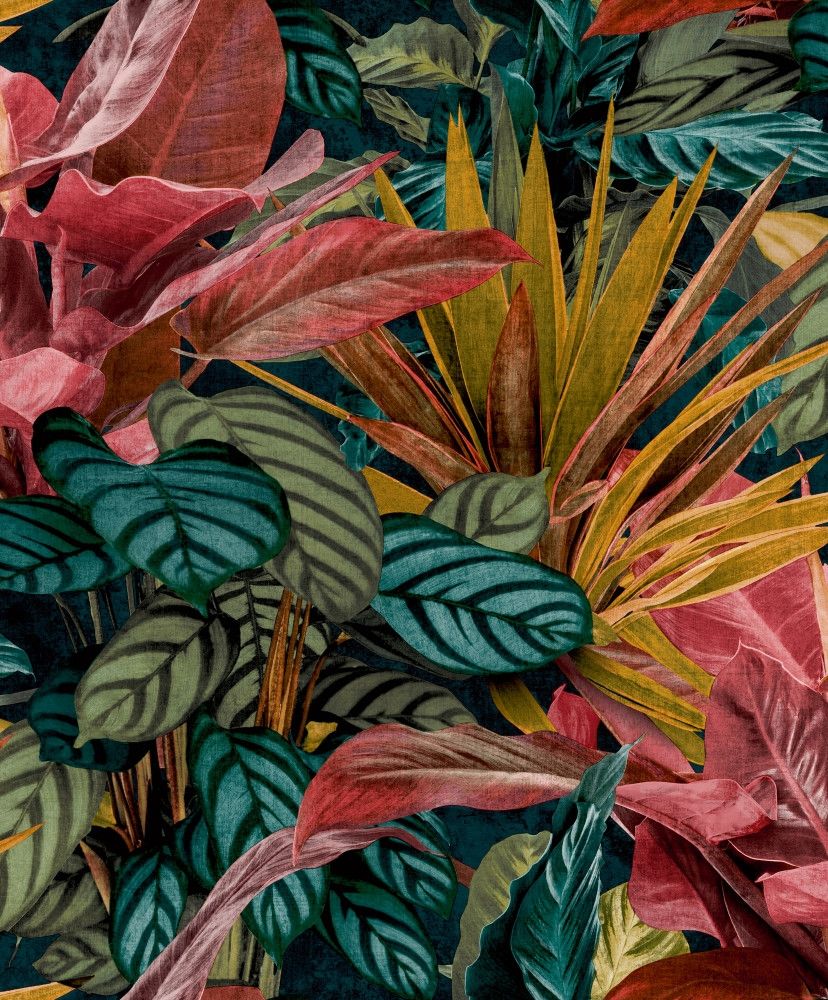 Tropical vista tapet med djur, botaniskt mönster i turkos och grön. Från kollektionen Malika. Nonwoven-material med förskjuten passning. Passar i vardagsrum och matsal.